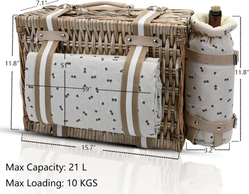Large Wicker Picnic Basket Set with Insulated Liner and Waterproof Blanket for 4 People Outdoor Dining - Image 2
