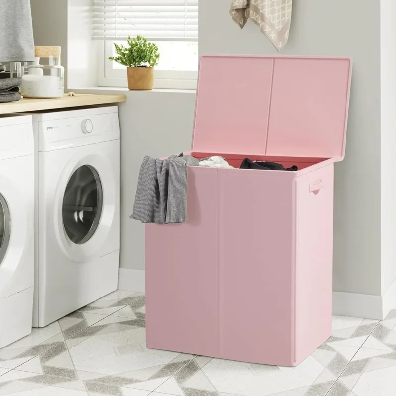 Large Double Section Wicker Laundry Hamper with Lid and Removable Liners for Bathroom Storage - Image 5