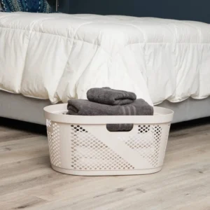 Large Ivory Wicker-Design Plastic Laundry Hamper with Handles for Clothes Storage