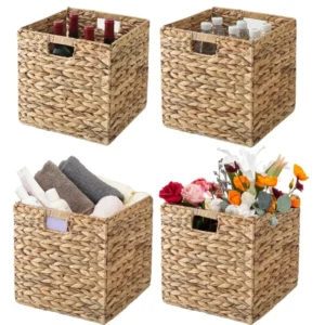 Set of 4 Natural Water Hyacinth Storage Cube Baskets with Handles for Home Organization