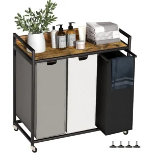 Rustic 3-Section Sorting Laundry Hamper with Storage Shelf and Removable Bags for Bathroom Organization
