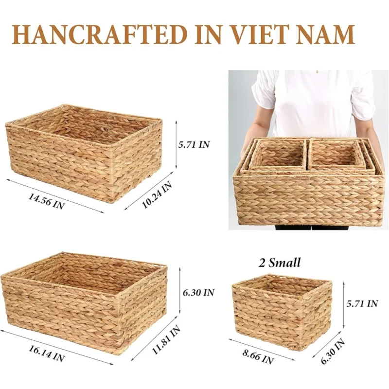 Rectangle Water Hyacinth Storage Baskets Set of 4 with Handles for Home Organization Bedroom Kitchen - Image 2