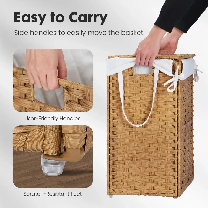 Sophisticated lidded laundry hamper with removable liner for elegant hidden storage
