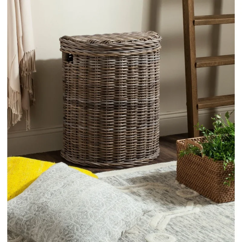 Nautical Wicker Laundry Hamper with Lid and Cotton Liner for Bathroom Storage Organization - Image 2