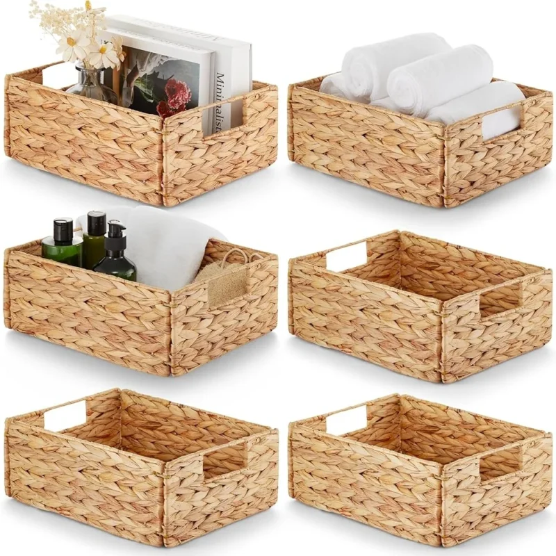 6-Piece Natural Water Hyacinth Storage Basket Set with Handles for Home Organization - Image 2