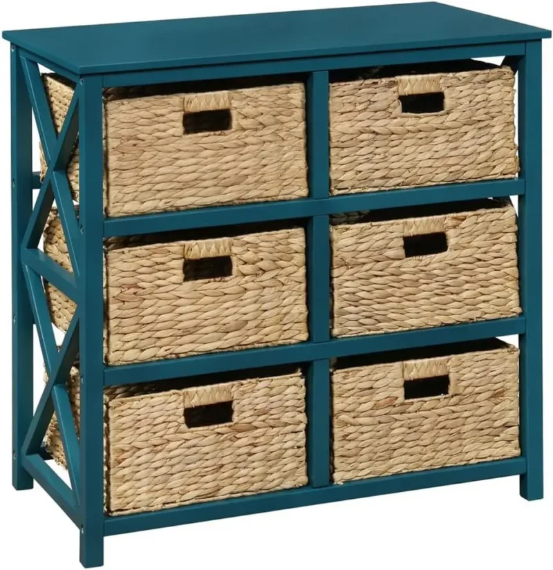 Rustic X-Side Storage Cabinet End Table with 6 Wicker Baskets for Bedroom Organization - Image 7