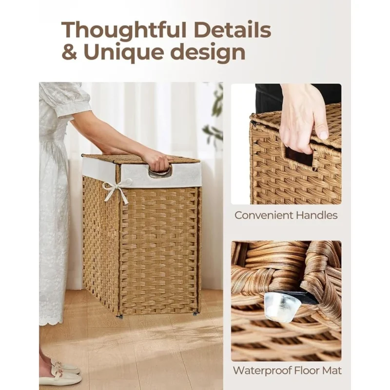 Large Rectangular Wicker Laundry Hamper with Lid and Removable Liners for Bedroom Bathroom Storage - Image 4