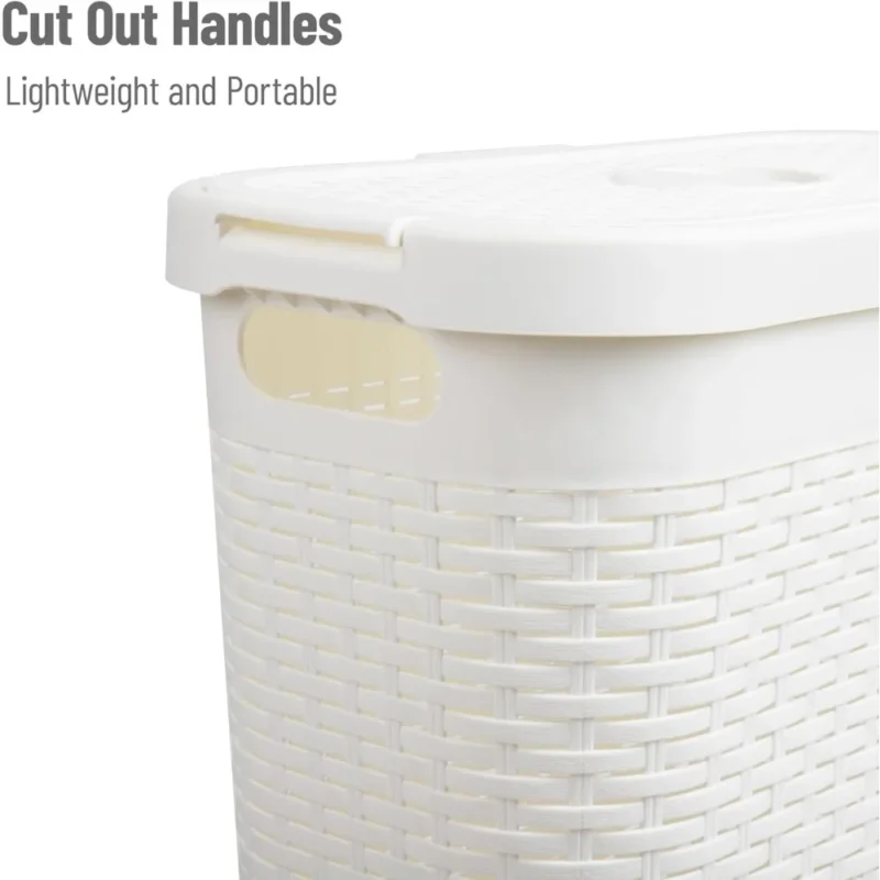 Slim White Plastic Wicker-Design Laundry Hamper with Lid for Bathroom Organization (40L) - Image 4