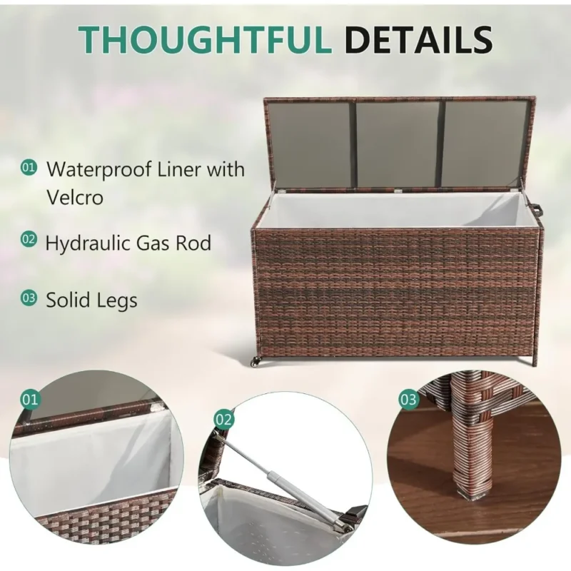 Large Brown Rattan Outdoor Storage Deck Box 180 Gallon Capacity with Wheels for Garden Patio Organization - Image 3