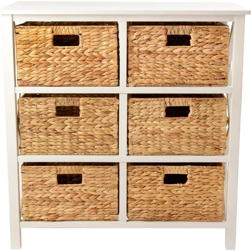 Three-Tier White Wooden Storage Cabinet with 6 Water Hyacinth Wicker Baskets for Bedroom Organization - Image 4