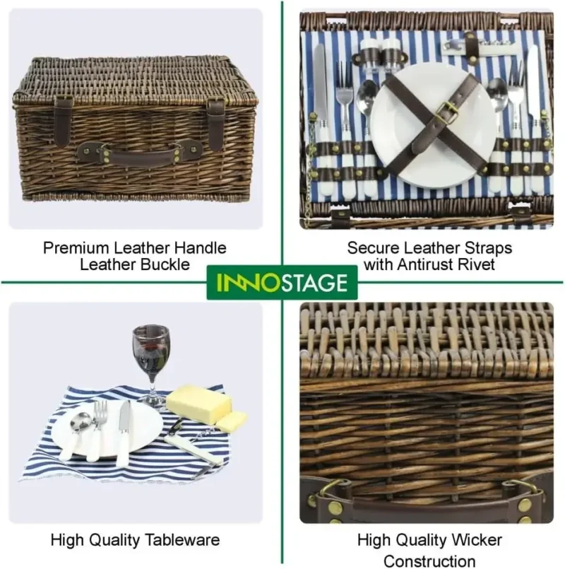 Handcrafted Wicker Picnic Basket for 2 with Waterproof Blanket and Sand-Proof Mat - Image 6