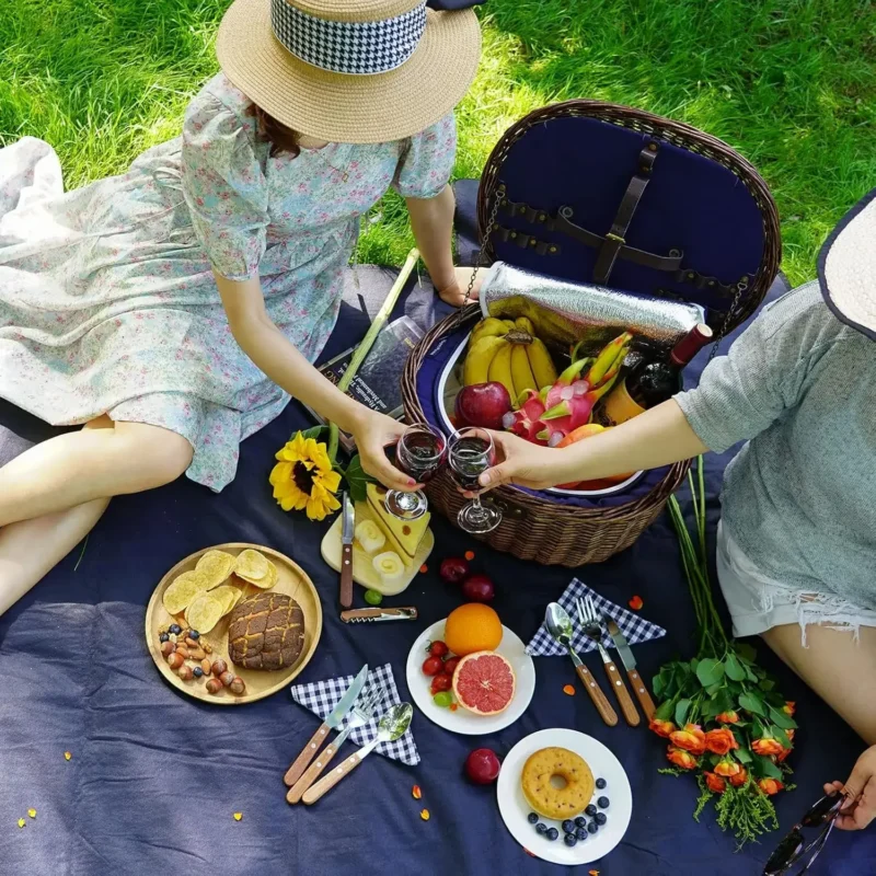 Handcrafted Natural Willow Picnic Basket for 2 Persons with Insulated Cooler Bag and Service Set - Image 4
