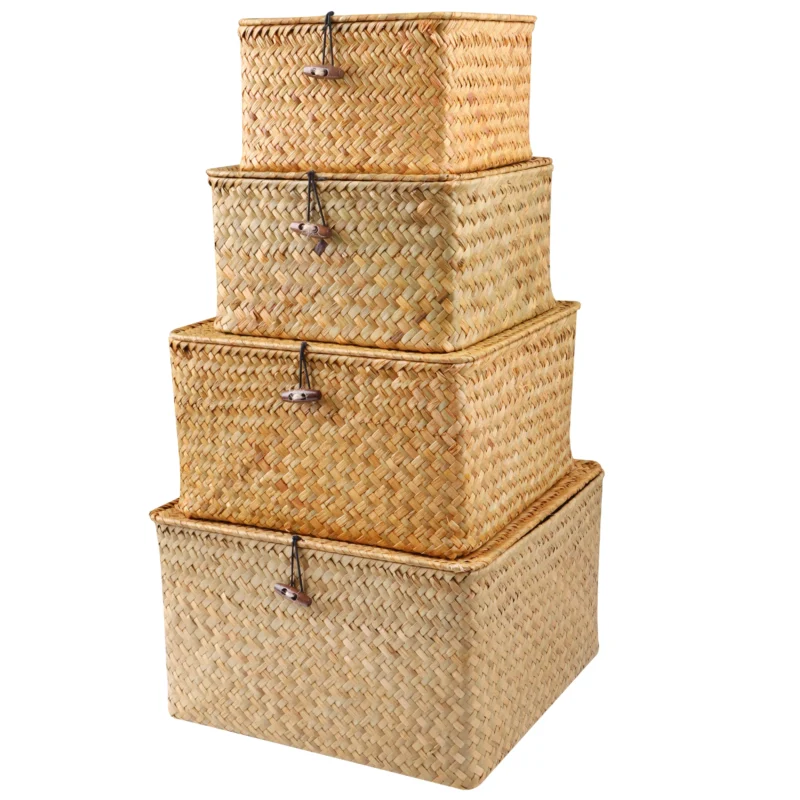Handcrafted Seagrass Storage Basket Set with Lids for Home Organization and Shelf Storage - Image 2