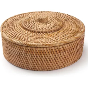 Natural Handcrafted Wicker Storage Basket with Lid for Home Organization and Shelf Display