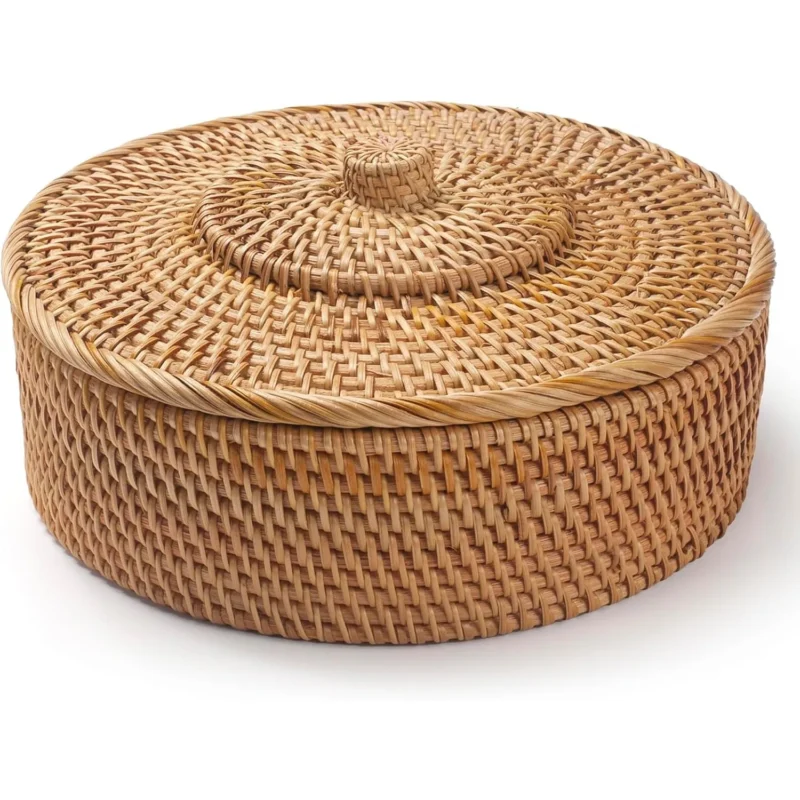 Natural Handcrafted Wicker Storage Basket with Lid for Home Organization and Shelf Display