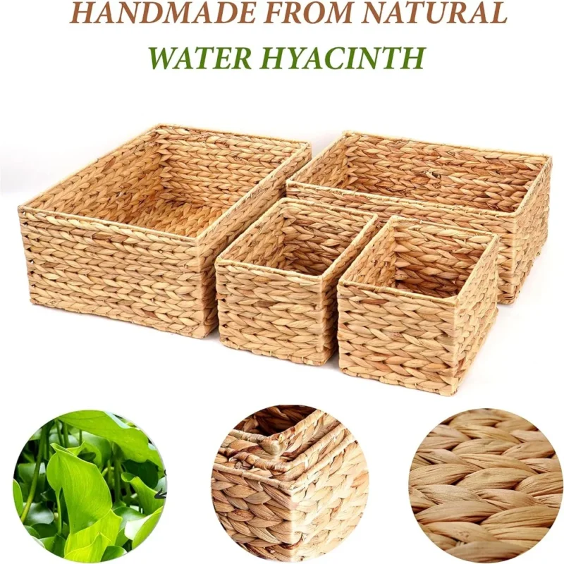 Rectangle Water Hyacinth Storage Baskets Set of 4 with Handles for Home Organization Bedroom Kitchen - Image 6