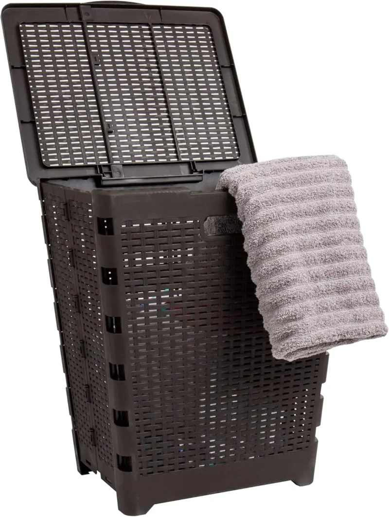 Large 61L Foldable Wicker-Design Plastic Laundry Hamper with Lid for Bathroom and Bedroom Storage - Image 7