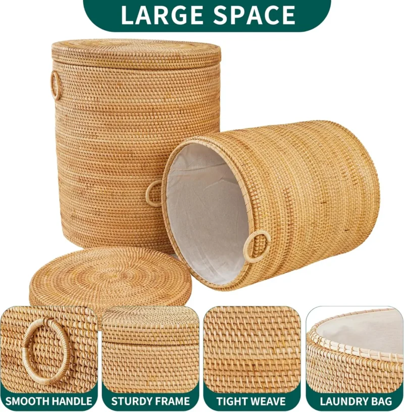 Large Round Rattan Laundry Basket With Liner Bag and Handle for Bathroom Organization - Image 5
