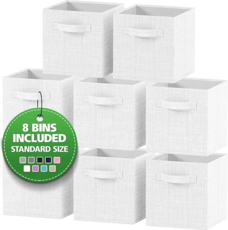 Premium Fabric Storage Cubes 8-Pack White-Grey Collapsible Bins with Handles for Cube Organizer Shelves - Image 2