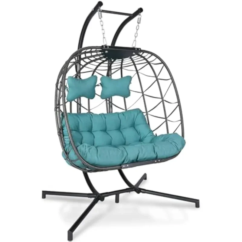 Extra Large Double Hanging Egg Chair with Stand Wicker Patio Swing Basket for Two Adults - Image 13