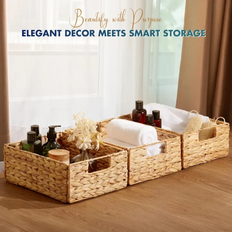 Handwoven Water Hyacinth Storage Baskets Set of 6 with Carrying Handles for Home Organization - Image 6