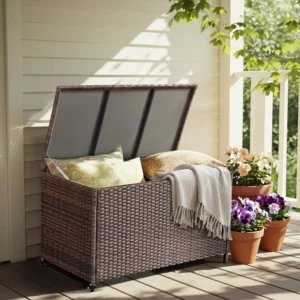 Large Brown Rattan Outdoor Storage Deck Box 180 Gallon Capacity with Wheels for Garden Patio Organization