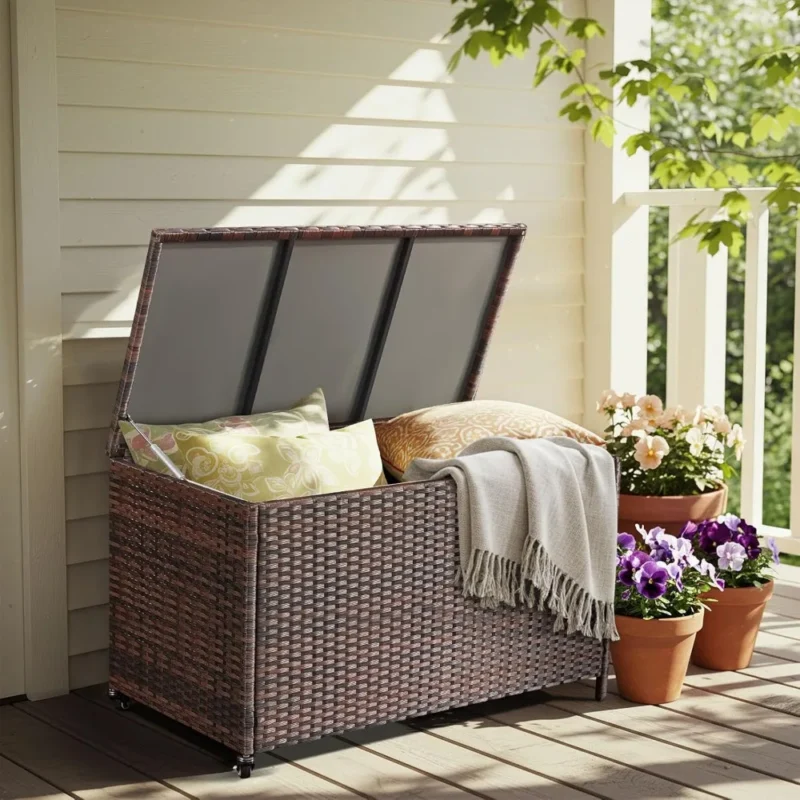 Large Brown Rattan Outdoor Storage Deck Box 180 Gallon Capacity with Wheels for Garden Patio Organization