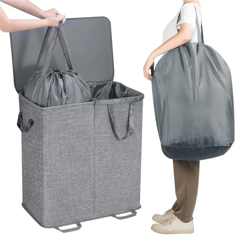Large Dual-Section Woven Laundry Hamper with Lid and Removable Bags for Bathroom Storage - Image 5