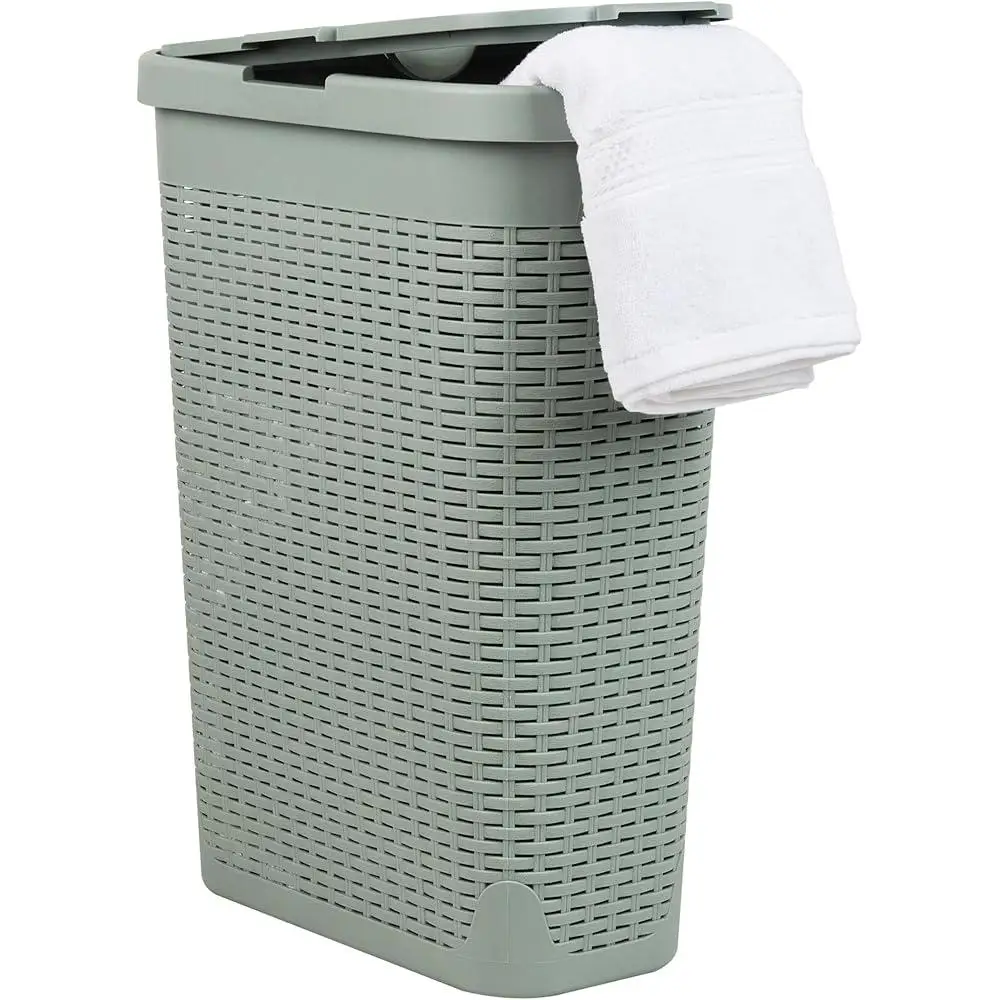 Clean-lined wicker laundry hamper with lid adding functional storage to a minimalist bathroom