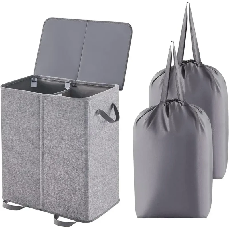 Large Dual-Section Woven Laundry Hamper with Lid and Removable Bags for Bathroom Storage - Image 2