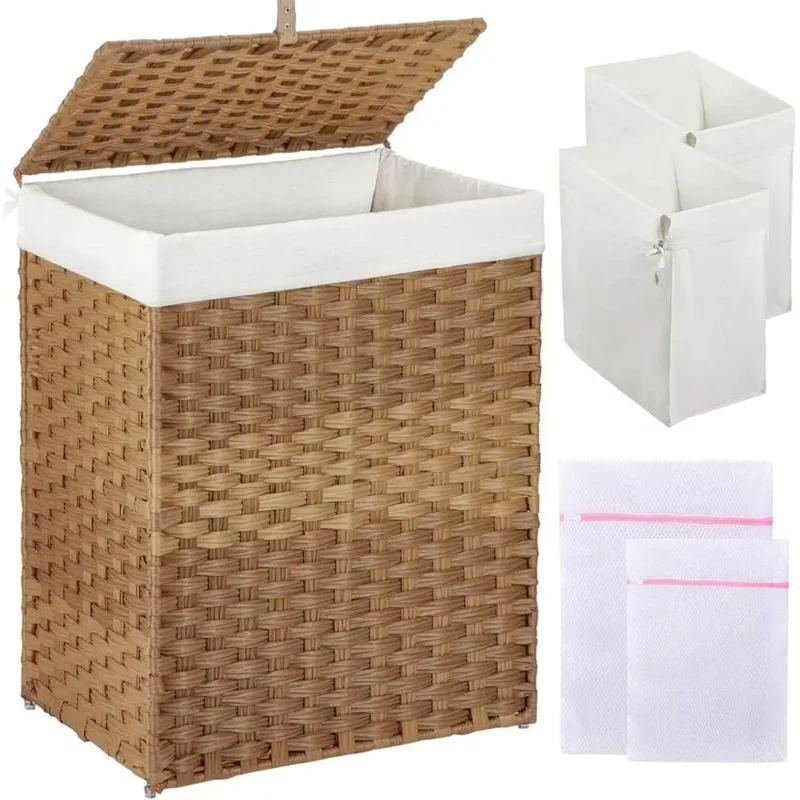 Large Handwoven Synthetic Rattan Laundry Hamper with Lid and Detachable Liner for Bathroom Storage - Image 2