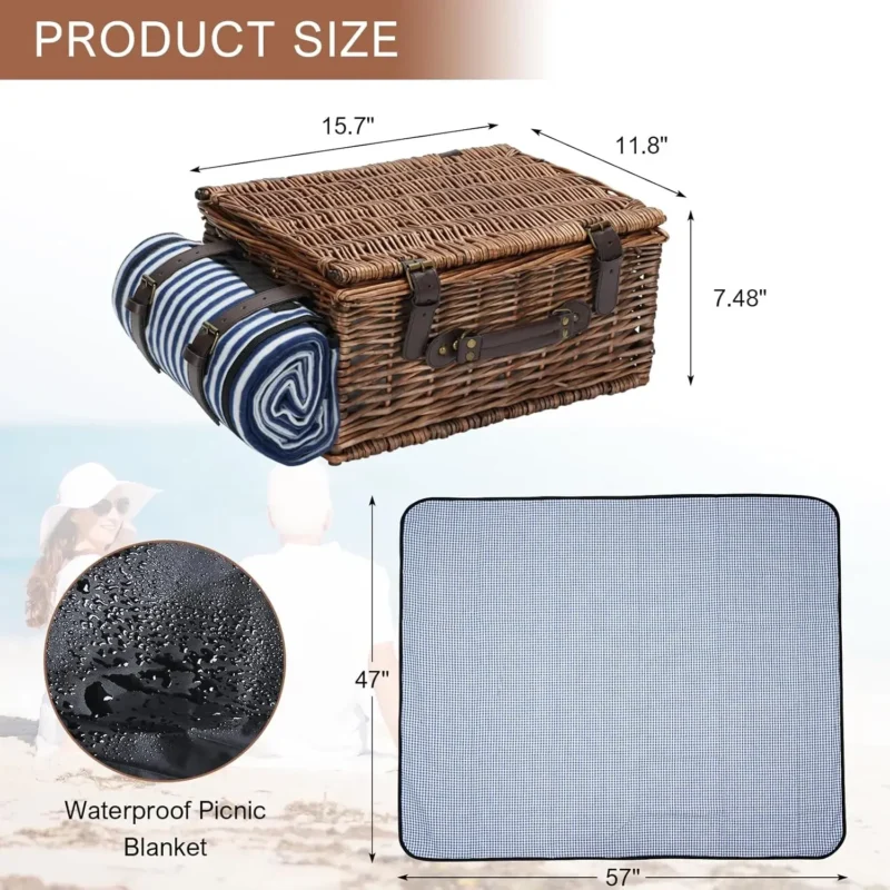Classic Wicker Picnic Basket with Cooler and Blanket for 4 Persons Family Outdoor Dining - Image 6