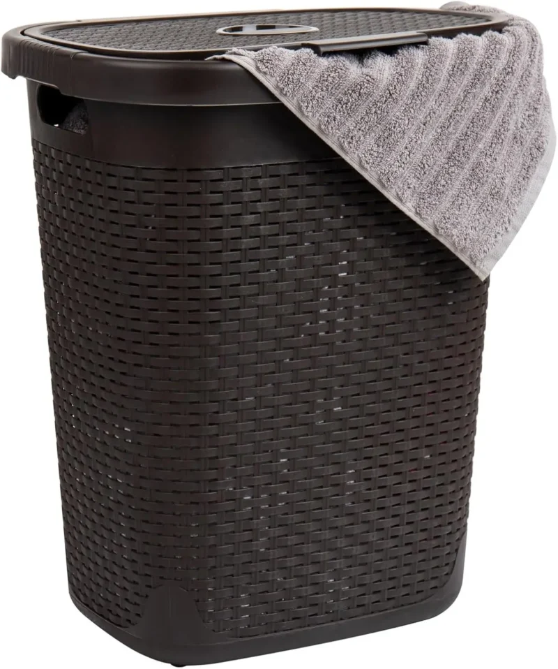 Large Slim Wicker-Design Plastic Laundry Hamper with Lid for Bedroom and Bathroom Storage - Image 10