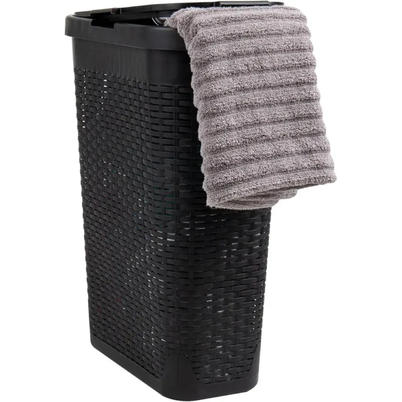 Slim 40L Wicker Laundry Hamper with Lid and Cut-out Handles for Bathroom and Bedroom Storage - Image 2