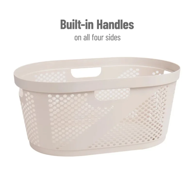 Large Ivory Wicker-Design Plastic Laundry Hamper with Handles for Clothes Storage - Image 4