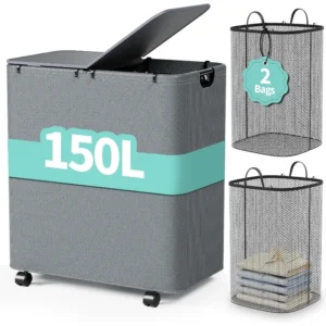 Large Wheeled Laundry Hamper with Lid and Dual Removable Bags for Home Organization