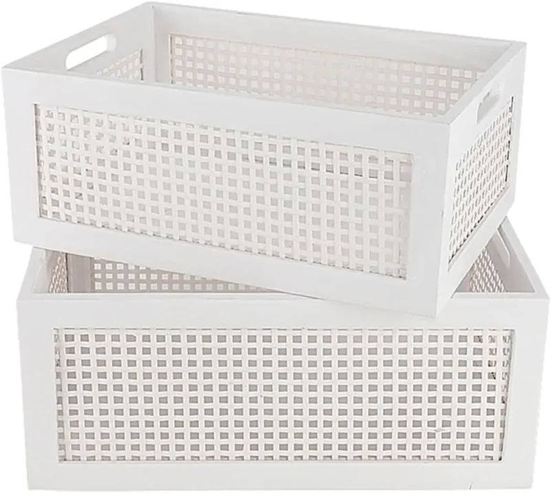 White Woven Rattan Storage Baskets with Handles for Desk and Drawer Organization (Set of 2) - Image 2