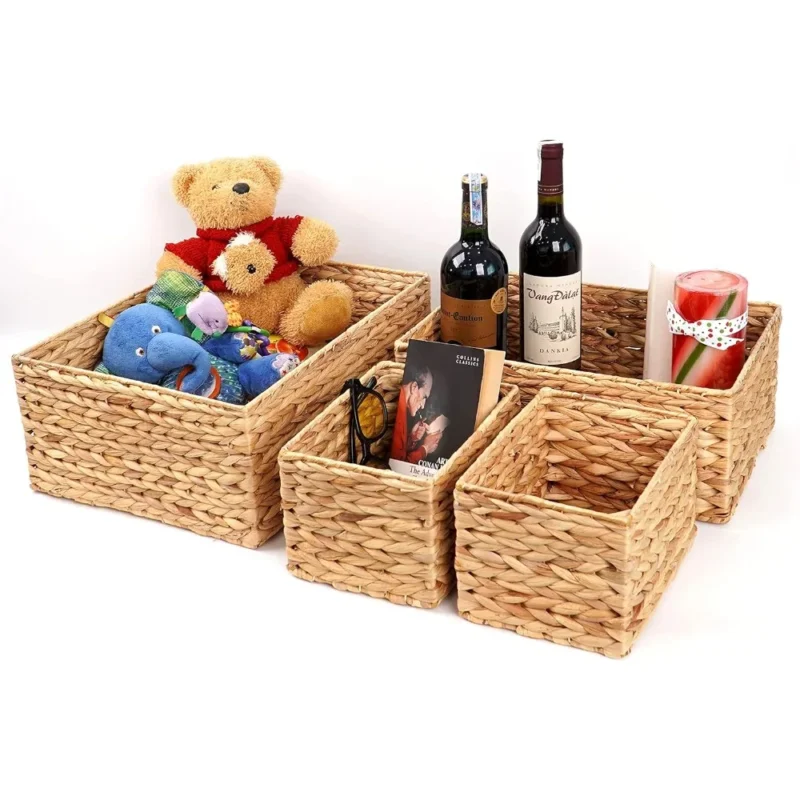 Rectangular Water Hyacinth Woven Storage Basket Set of 4 with Handles for Bathroom Bedroom Kitchen Organization - Image 4