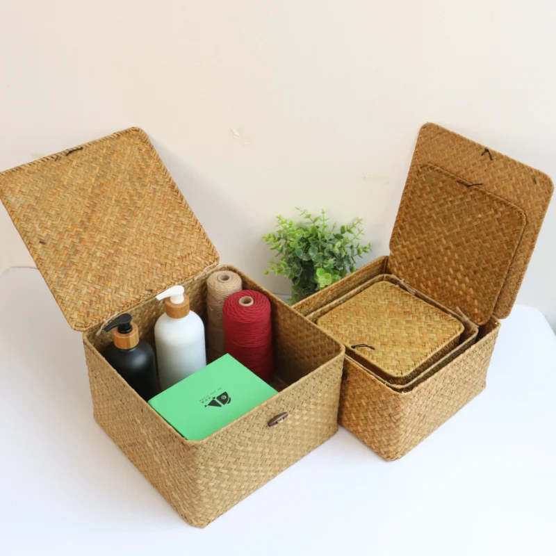 Handcrafted Seagrass Storage Basket Set with Lids for Home Organization and Shelf Storage - Image 5