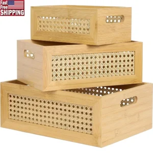 Natural Rattan Storage Basket Set with Handles for Home Organization and Decoration
