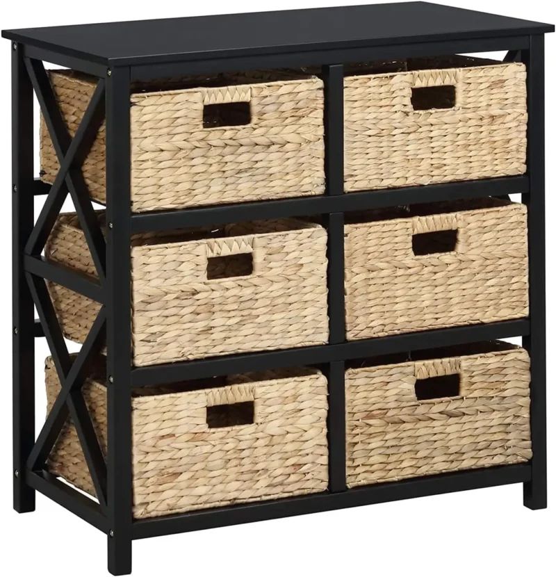 Rustic X-Side Storage Cabinet End Table with 6 Wicker Baskets for Bedroom Organization - Image 9