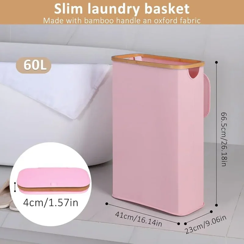 Slim Wicker Laundry Hamper with Lid and Handles for Narrow Spaces and Bathroom Storage - Image 3
