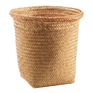 Handwoven Natural Wicker Waste Basket with Seagrass Accents for Bathroom Office Storage