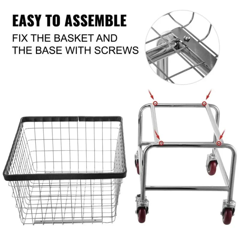 Heavy-Duty Chrome Wire Laundry Cart with Wheels - 2.5 Bushel Metal Storage Basket for Commercial Use - Image 6