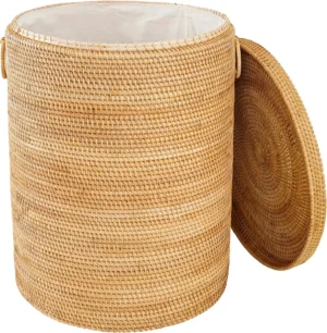 Large Round Rattan Laundry Basket With Liner Bag and Handle for Bathroom Organization