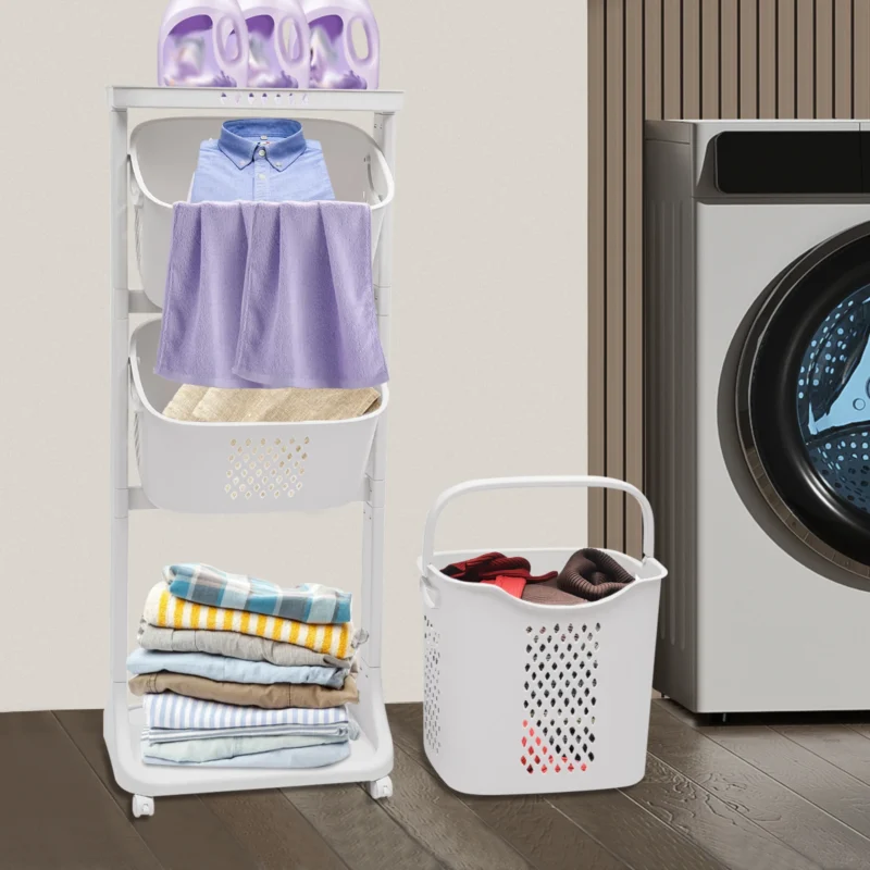 Large White Rolling Wicker Laundry Hamper with Compartments for Bedroom and Dormitory Storage - Image 3