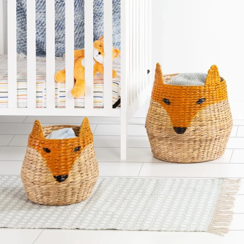 Adorable Fox Shaped Wicker Storage Basket Set with Handles for Kids Room Toy Organization - Image 2