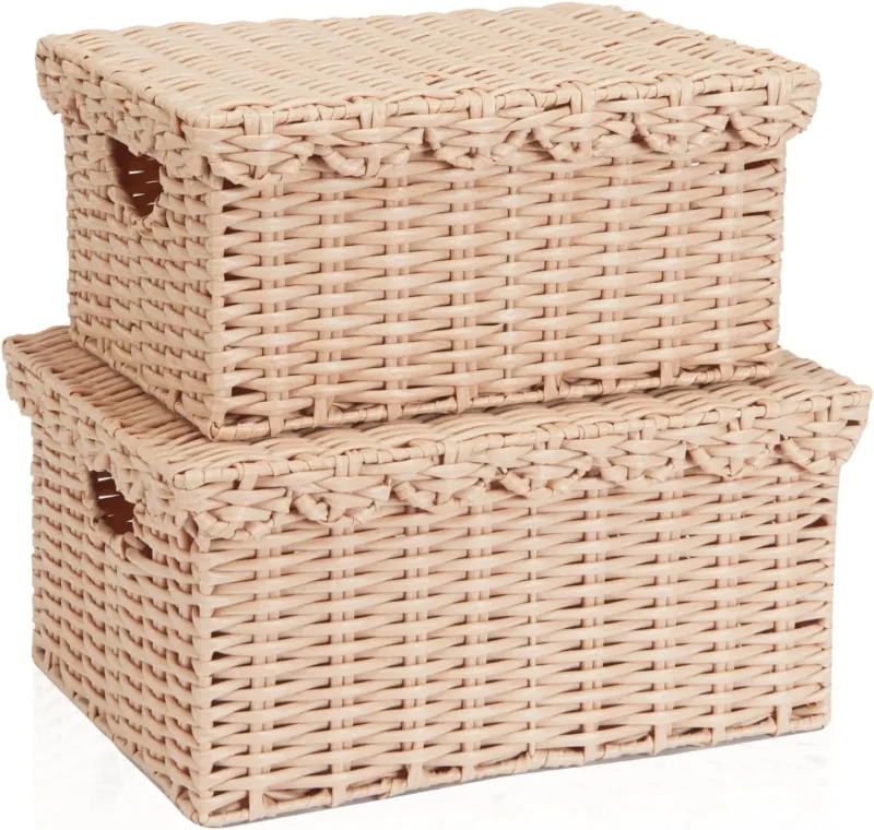 Handcrafted Cream Scalloped Wicker Storage Basket with Removable Tray Lid for Home Organization - Image 7