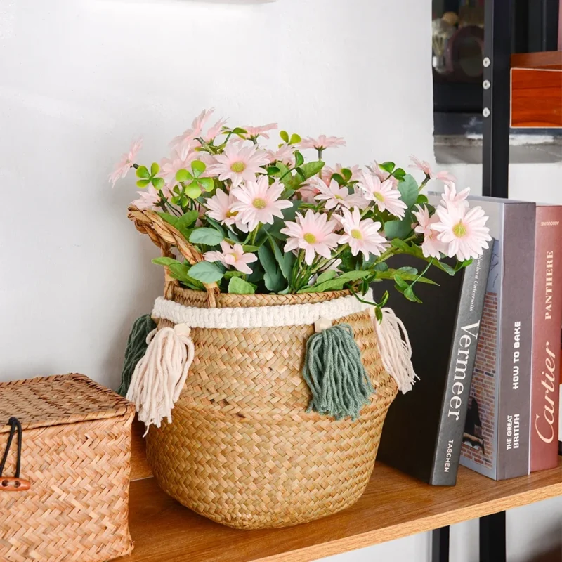 Small White Seagrass Storage Basket with Handles for Home Organization and Plant Display - Image 3